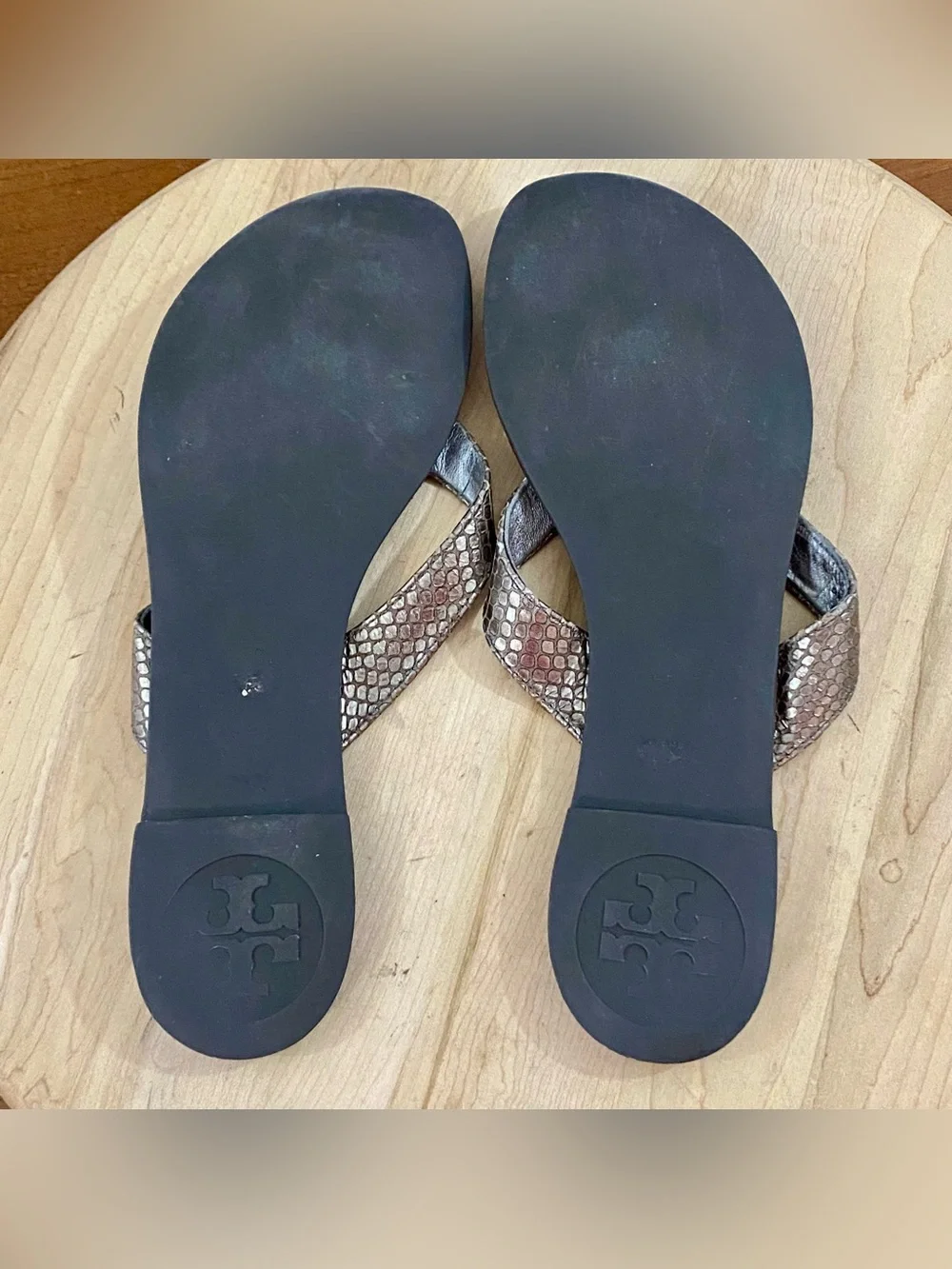 Tory Burch Thora Thong Flip Flop Sandals Snakeskin Brown Leather Metallic Sz 9 M